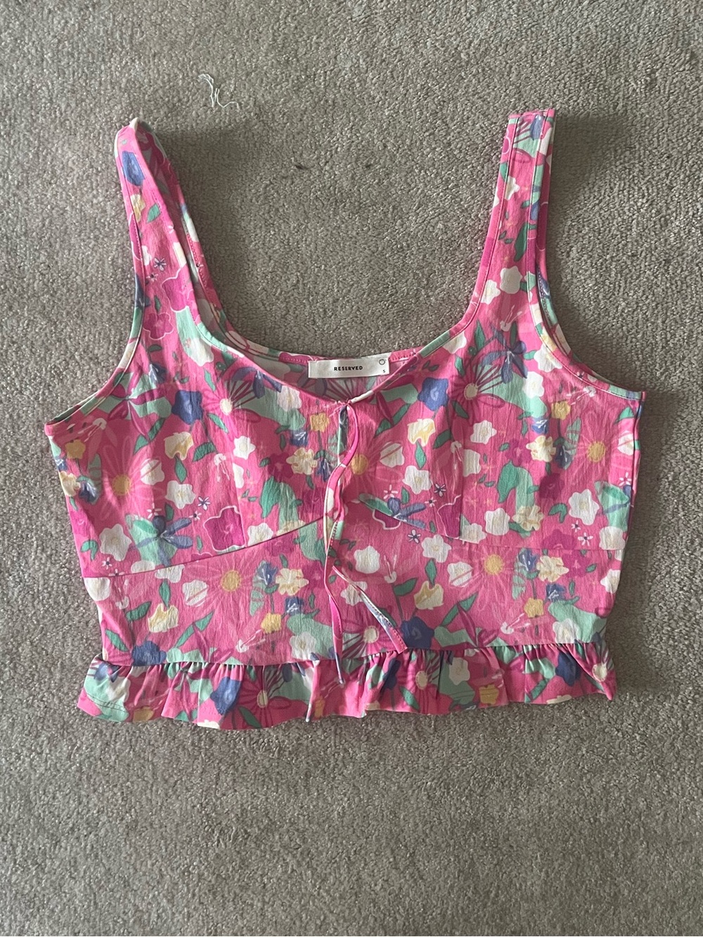 Reserved Polish Brand Floral Pink Tank Crop Top with Ruffle Hem